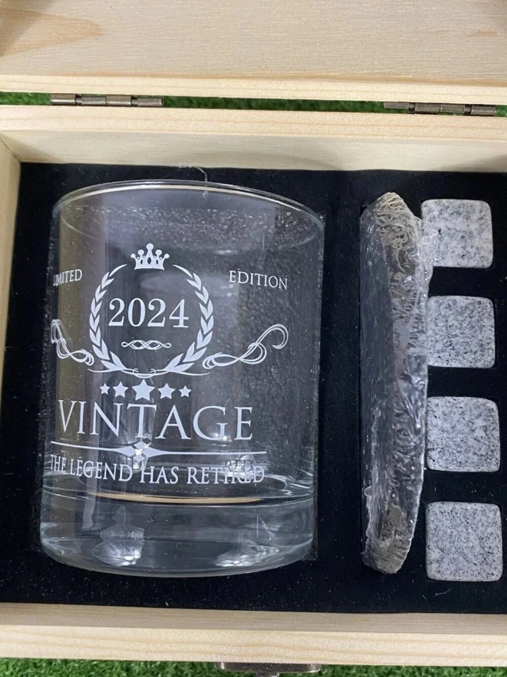 Limited Edition VTG The Legend Has Retired Wood Box Whiskey Glass Stones Coaster